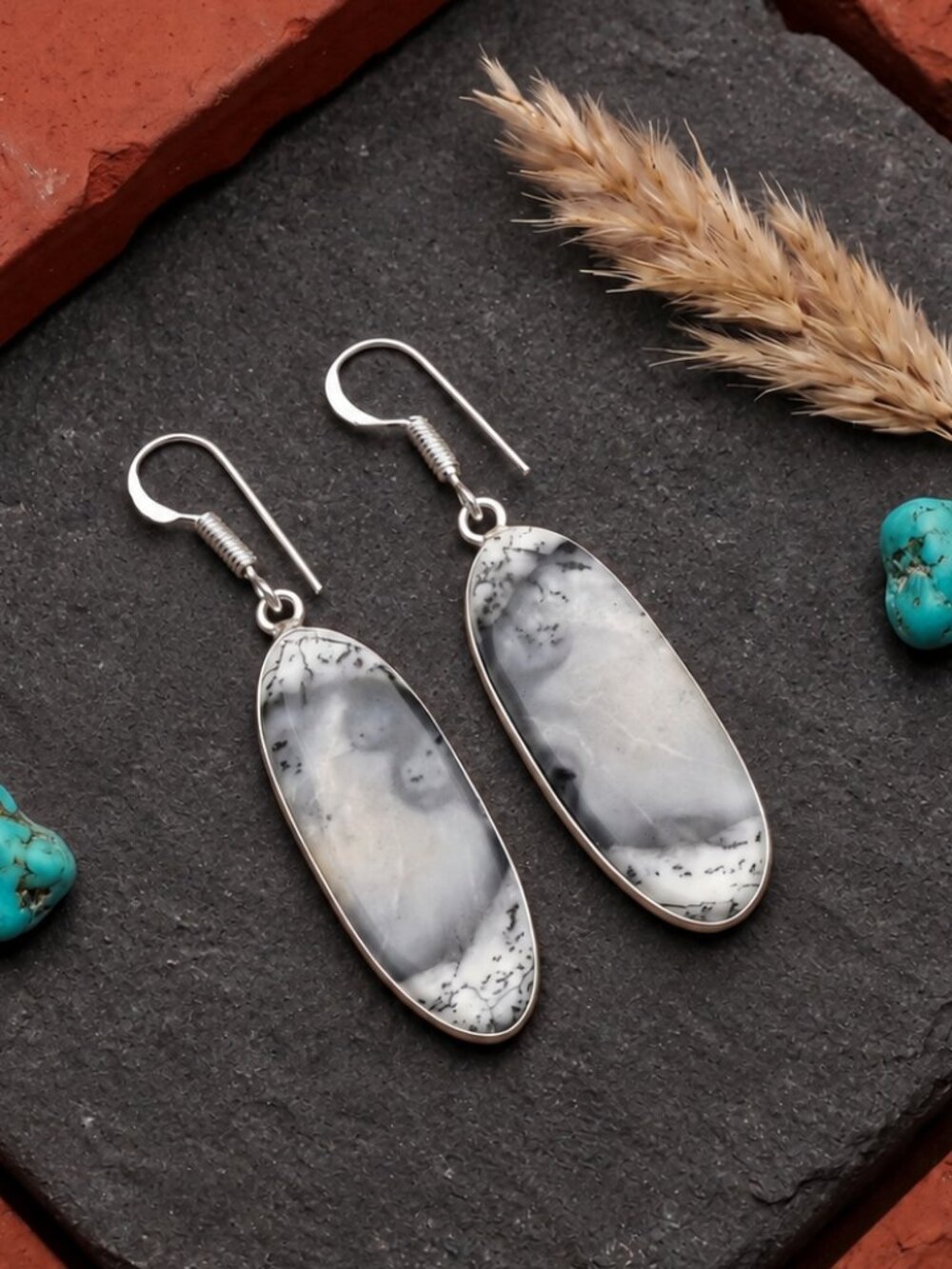 Dendritic Opal Earrings 925 Sterling Silver Oval Drop Artisan Boho 2.1" Long